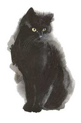 watercolor image of a black cat