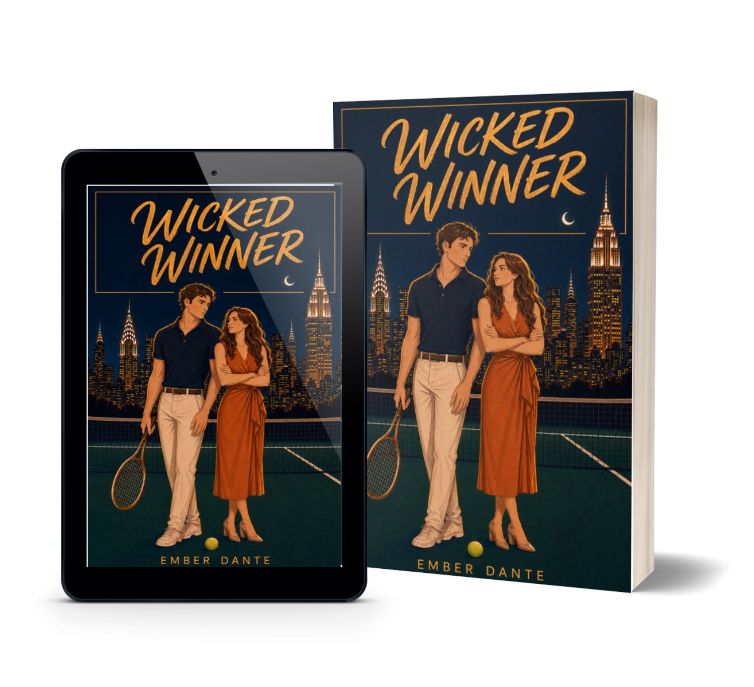 cover for the novel Wicked Winner displayed on an ereader tablet and paperback